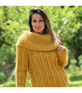 Hand Knit Cable Mohair Sweater Yellow color Fuzzy Cowl neck Pullover