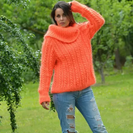 Hand Knit Cable Mohair Sweater Neon Orange color Fuzzy Cowl neck Pullover