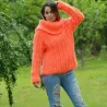 Hand Knit Cable Mohair Sweater Neon Orange color Fuzzy Cowl neck Pullover