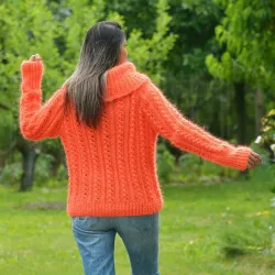 Hand Knit Cable Mohair Sweater Neon Orange color Fuzzy Cowl neck Pullover