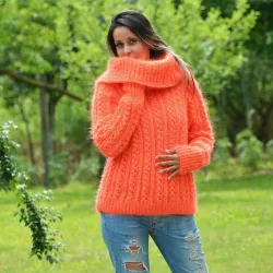 Hand Knit Cable Mohair Sweater Neon Orange color Fuzzy Cowl neck Pullover