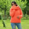 Hand Knit Cable Mohair Sweater Neon Orange color Fuzzy Cowl neck Pullover