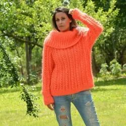 Hand Knit Cable Mohair Sweater Neon Orange color Fuzzy Cowl neck Pullover