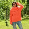 Hand Knit Cable Mohair Sweater Neon Orange color Fuzzy Cowl neck Pullover