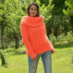 Hand Knit Cable Mohair Sweater Neon Orange color Fuzzy Cowl neck Pullover