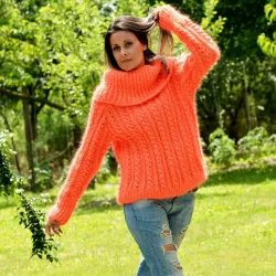 Hand Knit Cable Mohair Sweater Neon Orange color Fuzzy Cowl neck Pullover