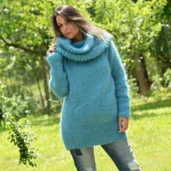 Super Sexy Hand Knit Mohair Sweater Light Blue color Fuzzy Cowl neck Pullover