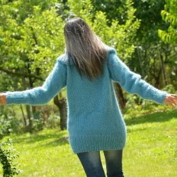 Super Sexy Hand Knit Mohair Sweater Light Blue color Fuzzy Cowl neck Pullover