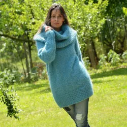 Super Sexy Hand Knit Mohair Sweater Light Blue color Fuzzy Cowl neck Pullover