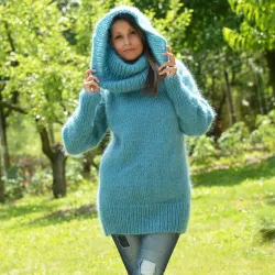 Super Sexy Hand Knit Mohair Sweater Light Blue color Fuzzy Cowl neck Pullover