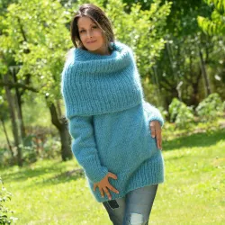 Super Sexy Hand Knit Mohair Sweater Light Blue color Fuzzy Cowl neck Pullover