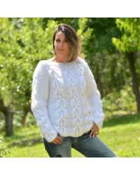 Cable Hand Knitted Mohair Sweater White Fuzzy Crew neck Pullover