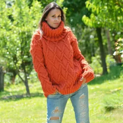 Cable Knitted Chunky 100 % Pure Wool Turtleneck Sweater Blue Color