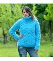 Cable Hand Knit Mohair Sweater Light Blue Turquoise Fuzzy Turtleneck Pullover