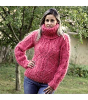 Cable Hand Knit Mohair Sweater red Fuzzy Turtleneck
