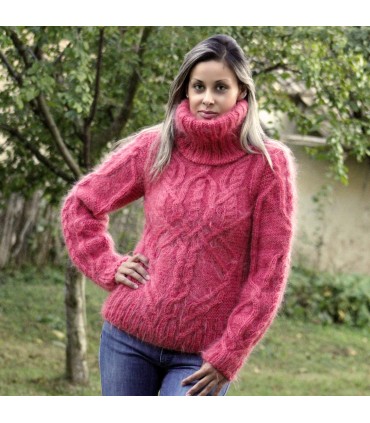 Cable Hand Knit Mohair Sweater Red color Fuzzy Turtleneck
