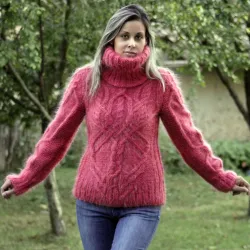 Cable Hand Knit Mohair Sweater red Fuzzy Turtleneck