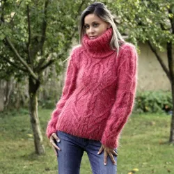 Cable Hand Knit Mohair Sweater red Fuzzy Turtleneck