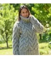 Cable Hand Knitted Chunky 100 % Pure Wool Turtleneck Sweater Light Grey Color Jumper