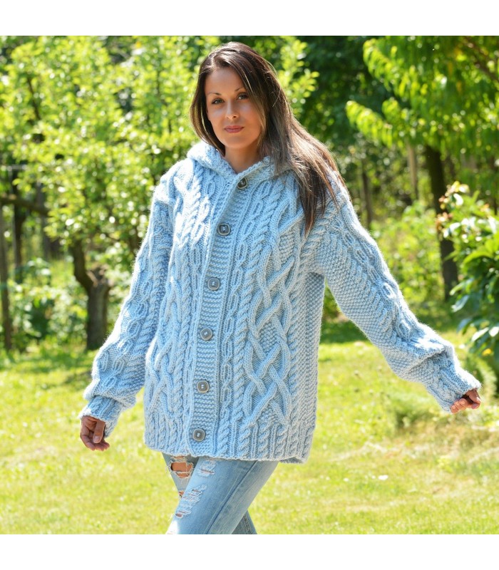 Super Sexy Cable Knitted Chunky 100 % Pure Merino Wool Hooded Cardigan Light Blue Color