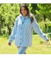 Super Sexy Cable Hand Knitted Chunky 100 % Pure Merino Wool Hooded Cardigan Light Blue Color Jacket