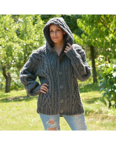 Cable Hand Knitted High Quality 100 % Pure Wool Hooded Cardigan Dark Grey color