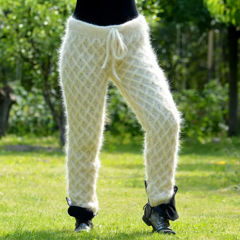 Cable Hand Knitted Mohair Pants Off White Color Fuzzy Leggings Cable Hand Knitted Mohair Pants Off White Color Fuzzy Leggings