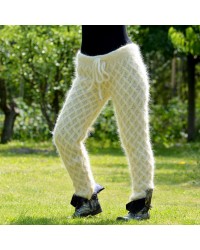 Cable Hand Knitted Mohair Pants Off White Color Fuzzy Leggings