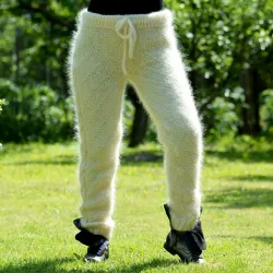 Sexy Cable Hand Knit Mohair Pants Off White Color Fuzzy Leggings