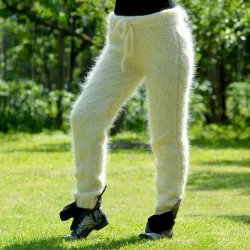 Sexy Cable Hand Knit Mohair Pants Off White Color Fuzzy Leggings