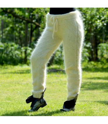 Sexy Cable Hand Knit Mohair Pants Off White Color Fuzzy Leggings