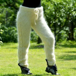 Sexy Cable Hand Knit Mohair Pants Off White Color Fuzzy Leggings