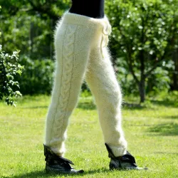 Sexy Cable Hand Knit Mohair Pants Off White Color Fuzzy Leggings