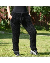 Sexy Cable Hand Knit Mohair Pants with Pockets Black Color Fuzzy Leggings