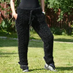 Sexy Cable Hand Knit Mohair Pants with Pockets Black Color Fuzzy Leggings