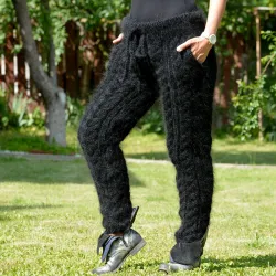 Sexy Cable Hand Knit Mohair Pants with Pockets Black Color Fuzzy Leggings