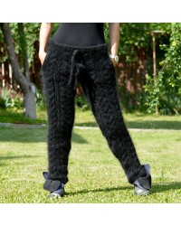Sexy Cable Hand Knit Mohair Pants with Pockets Black Color Fuzzy Leggings
