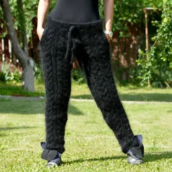 Sexy Cable Hand Knit Mohair Pants with Pockets Black Color Fuzzy Leggings