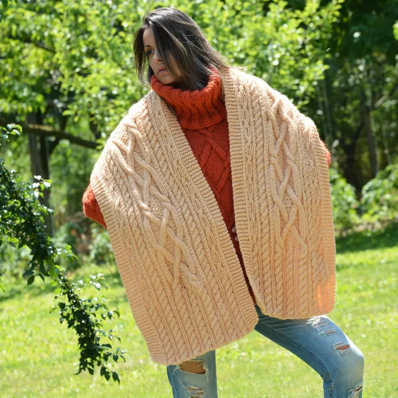 Hand Knitted Wool non Mohair Cable Scarf Sweater Soft Peach Shawl Hand Knitted Wool non Mohair Cable Scarf Sweater Soft Peach Shawl