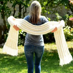 Hand Knitted Wool Cable Scarf Soft White Color Shawl with fringe