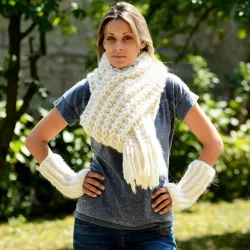 Hand Knitted Wool Cable Scarf Soft White Color Shawl with fringe