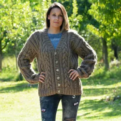Chunky Cable Hand Knit 100 % Wool Cardigan brown color V-neck Single Stranded