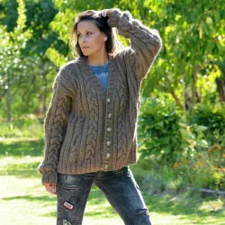 Chunky Cable Hand Knit 100 % Wool Cardigan brown color V-neck Single Stranded