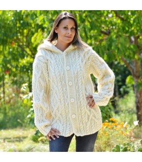 Cable Hand Knitted High Quality 100 % Pure Wool Hooded Cardigan White