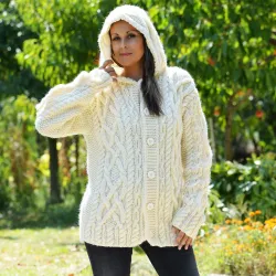 Cable Hand Knitted High Quality 100 % Pure Wool Hooded Cardigan Off White color