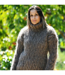 Cable Hand Knit Mohair Sweater Brown color Fuzzy Turtleneck