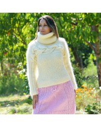 Super Sexy Cable Hand Knit Mohair Sweater White color Fuzzy Turtleneck