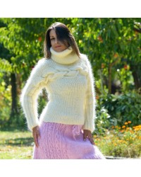 Super Sexy Cable Hand Knit Mohair Sweater White color Fuzzy Turtleneck