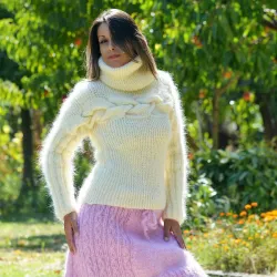 Super Sexy Cable Hand Knit Mohair Sweater White color Fuzzy Turtleneck