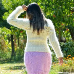Super Sexy Cable Hand Knit Mohair Sweater White color Fuzzy Turtleneck